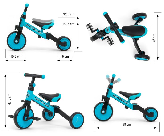 Rowerek 3w1 Milly Mally Optimus - trójkołowy biegowy dla dziecka 12m+ Niebieski